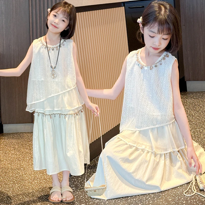 女童夏季半身裙套装2025新款6-12岁15岁中大童洋气甜美无袖两件套