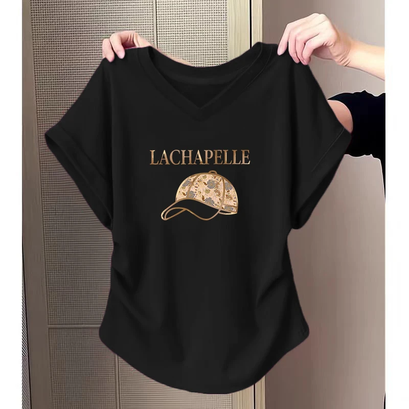 大码胖mm不规则圆弧下摆抽褶短袖T恤女士夏季设计感小众V领上衣潮