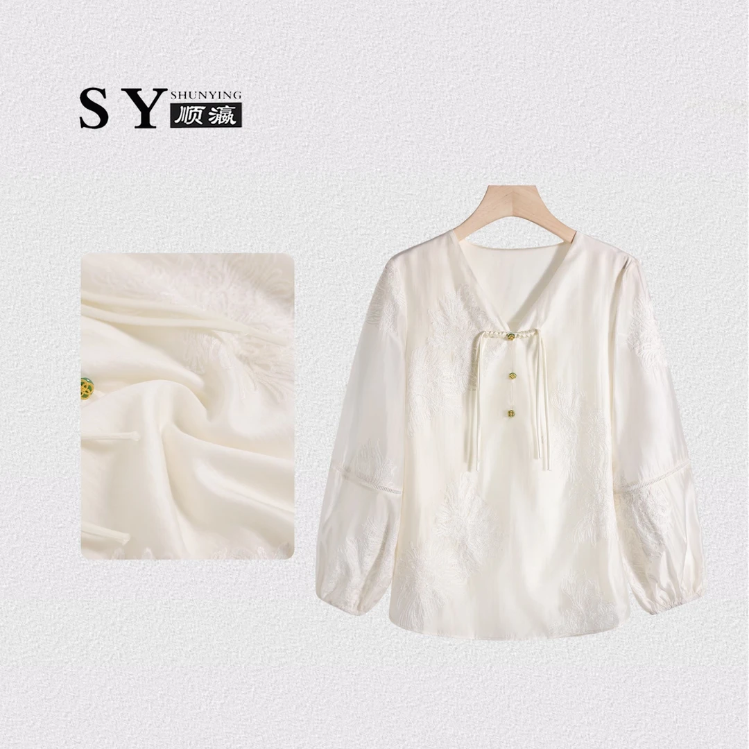 【顺瀛】春季新款高级感休闲风套头盘扣V领衬衫SY918D493