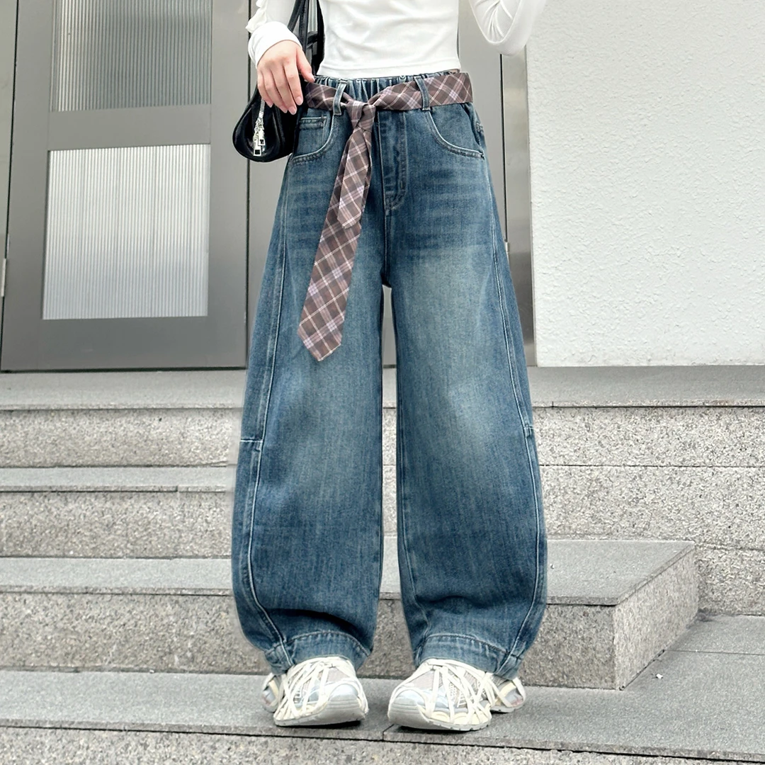 女童裤子牛仔弯刀裤春秋装新款中大童韩版网红阔腿裤秋季休闲长裤