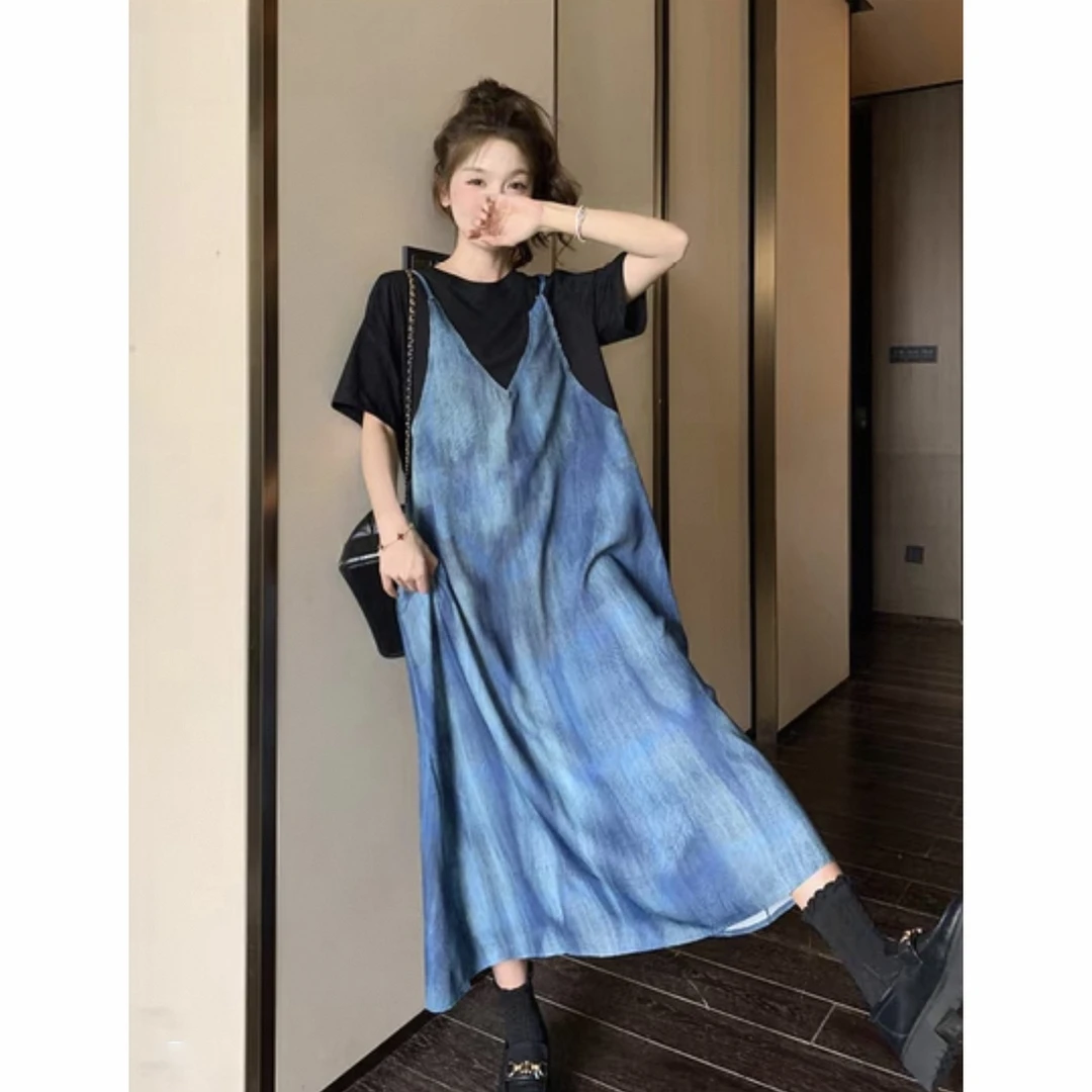 蓝色假两件晕染拼接连衣裙女长款2025夏新款法式宽松过膝吊带裙