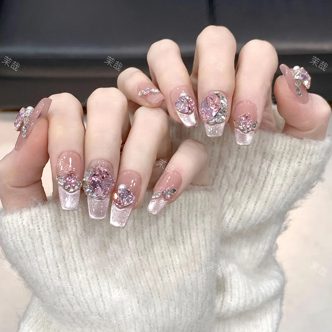 茉哉KK专属【施家全华钻/桃花晶石】纯手工定制拆卸穿戴甲A3624