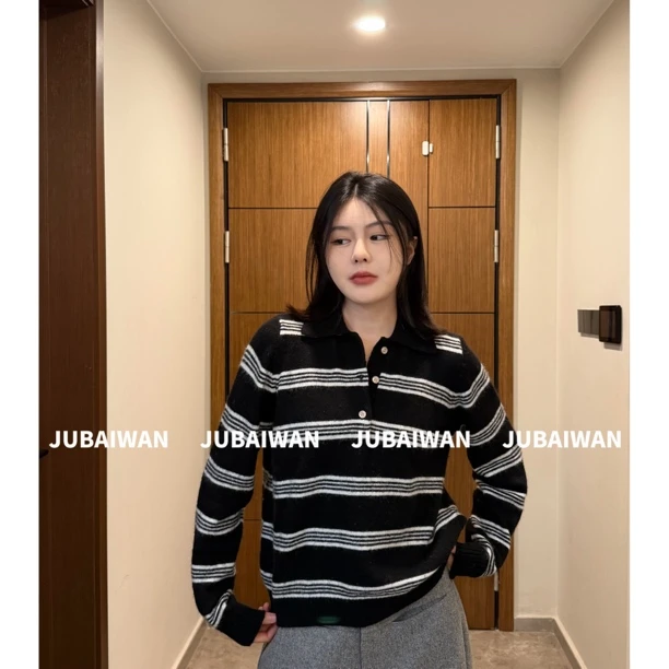 橘老板百搭撞色polo翻领设计条纹显瘦针织