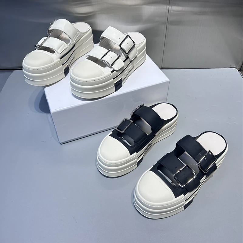 欧洲站真皮女鞋2025夏款圆头松糕底包头半拖皮带扣增高懒人拖鞋女