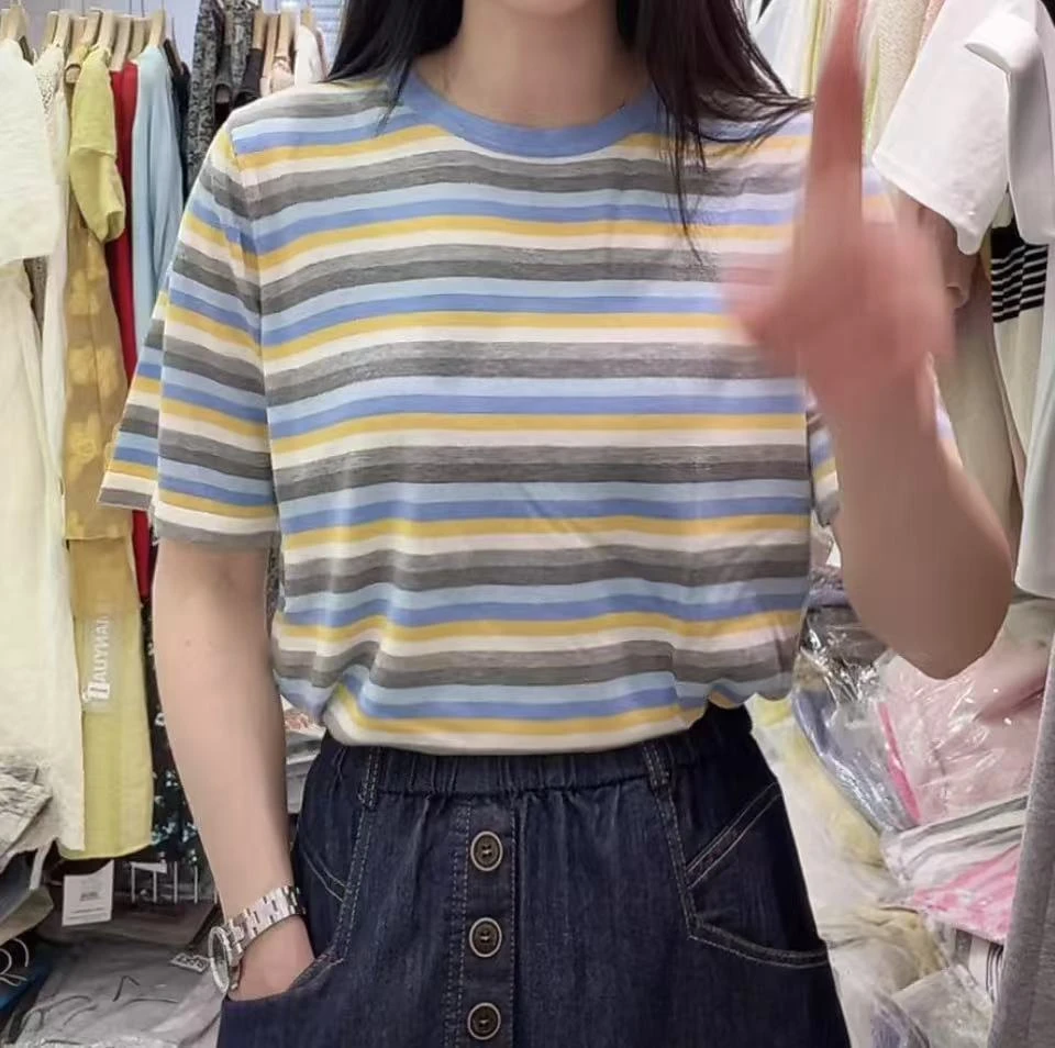 多色条纹夏季薄款潮牌女装休闲小衫条纹女装时尚上衣短袖半袖
