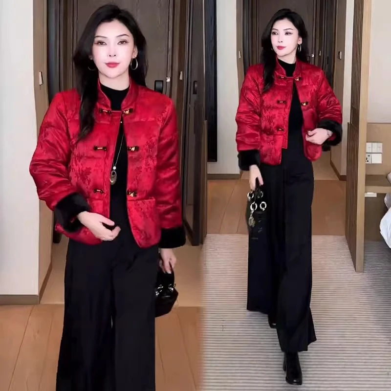 新中式国风盘扣棉衣服女2025新款红色时髦洋气提花百搭棉袄短外套