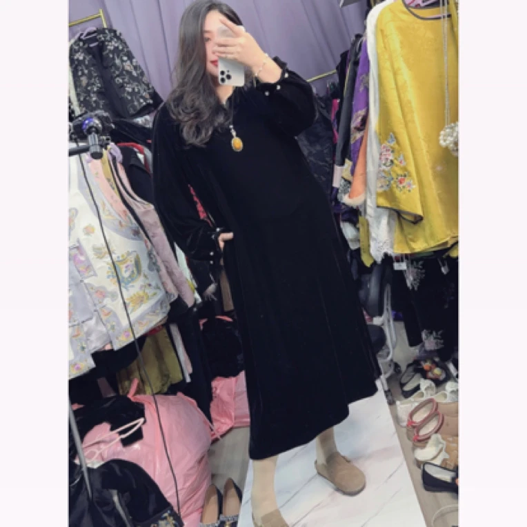 清苍价~深圳7867高定重工穿珠巨显瘦连衣裙优雅气质丝绒裙长裙子