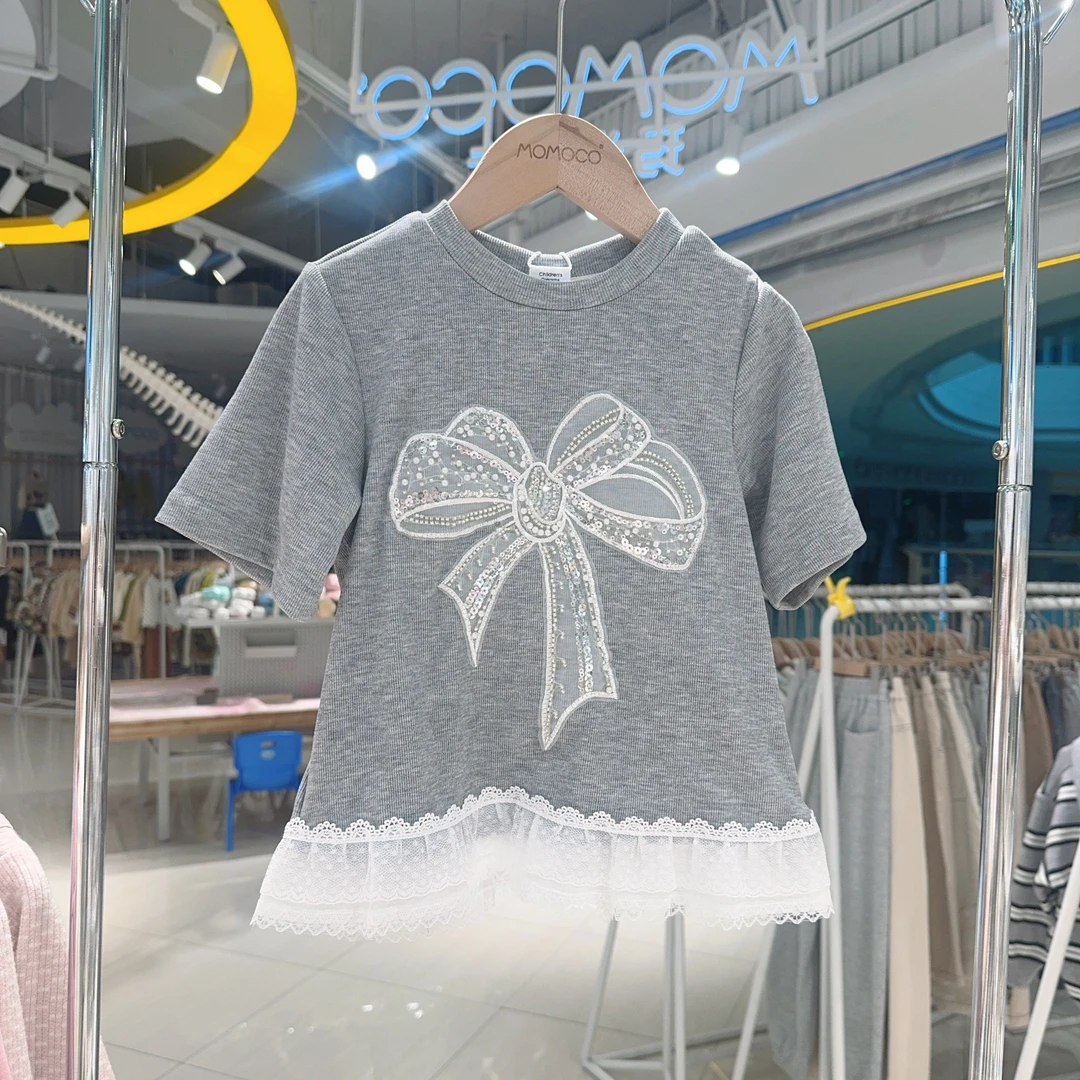 MOMOCO夏季女童甜美花边蝴蝶结T恤77640235002