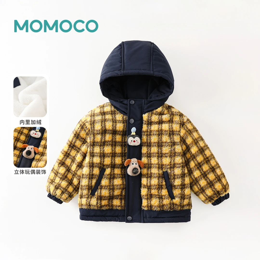 MOMOCO冬季新款男女童韩版休闲公仔加厚连帽加绒外套77430123066