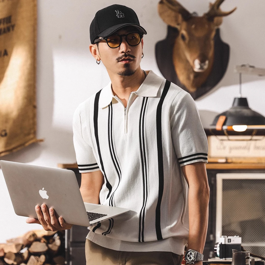 高级感雅痞英伦风Polo衫男夏季新款凉感冰丝短袖毛衣男士宽松上衣