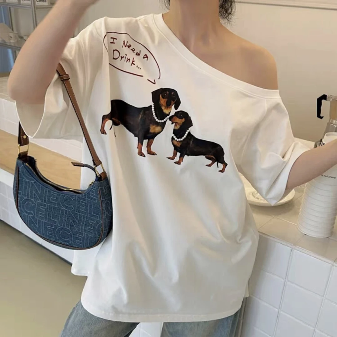 启恒（思瑾侄子）深圳南油小众品牌设计师女装腊肠狗大版T露肩