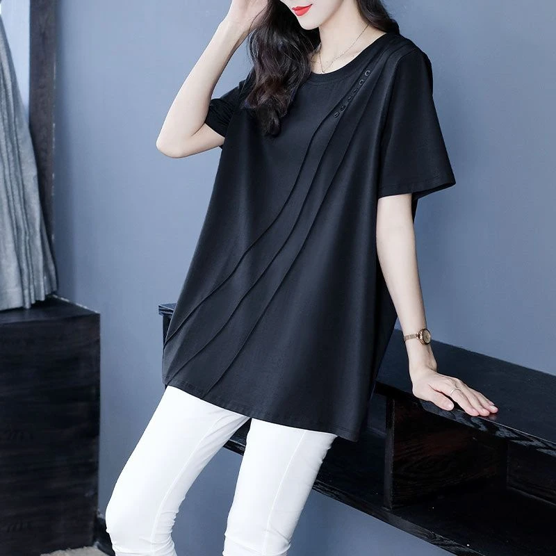 大码女装拼接T恤女2025夏季新款胖妹妹法式多巴胺宽松短袖230580