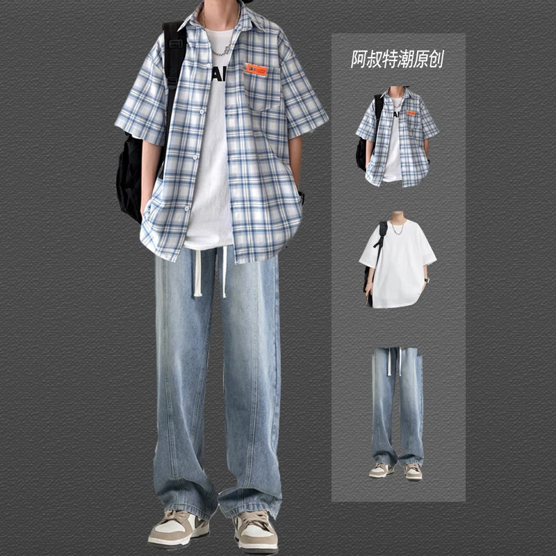 夏季潮流格子短袖衬衫男生休闲三件套装学生青少年痞帅穿搭牛仔裤