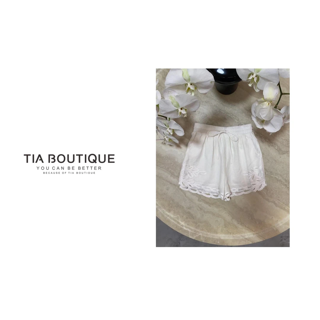 【微夏恋】贵妇牌重工镂空刺绣立体抽绳慵懒高级仙女亚麻短裤KZ0066