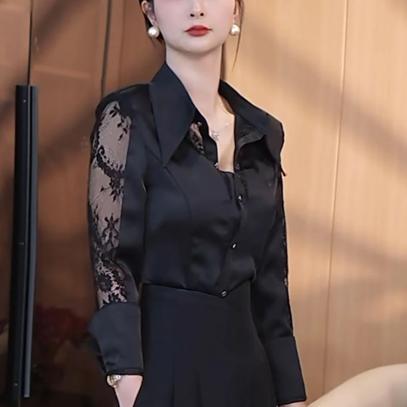 法式蕾丝拼接衬衫女2025秋季时尚洋气修身显瘦高级设计感气质上衣