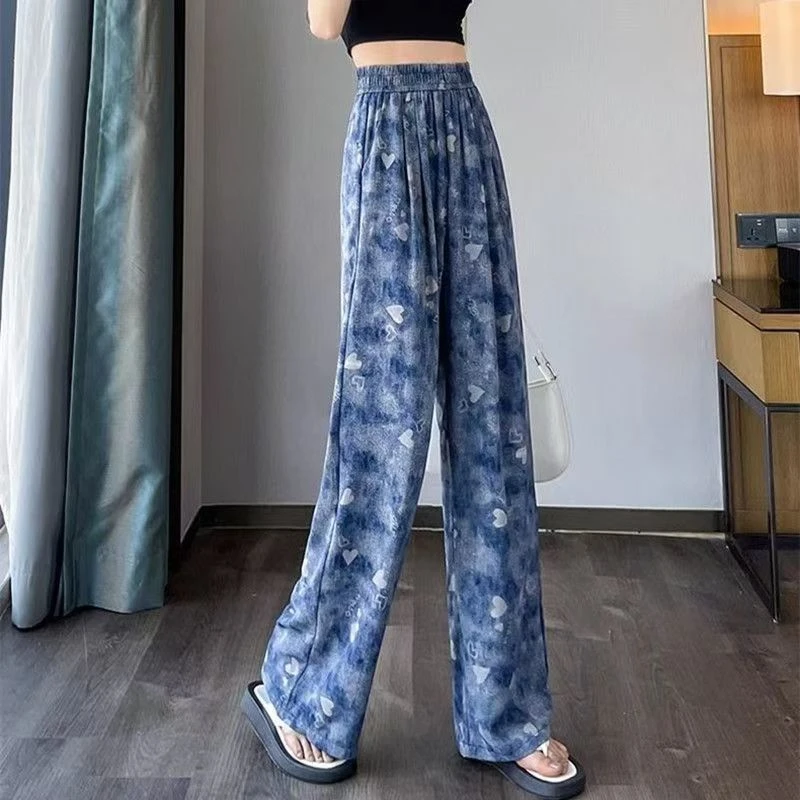 夏季薄款冰丝小个子高腰垂感显瘦拖地休闲裤时尚扎染洋气休闲装