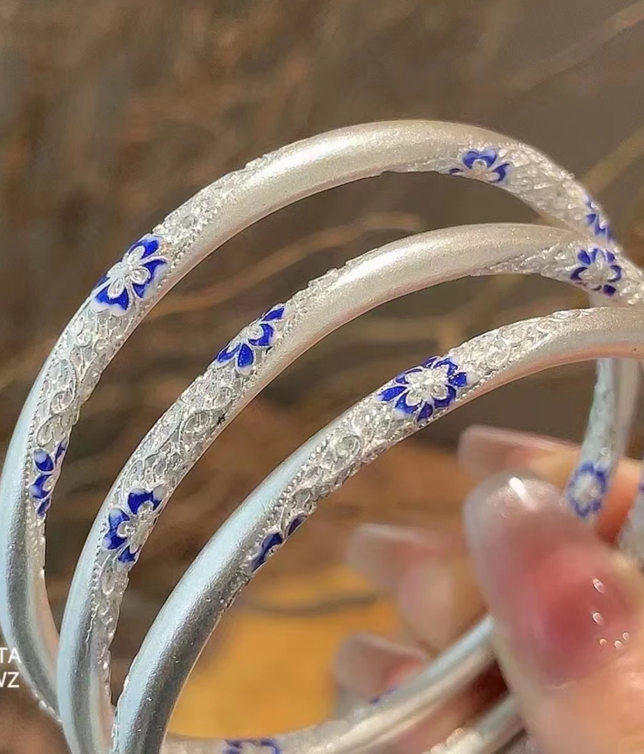 足银手镯 足银珐琅手镯繁花桔梗花 闭口纯银手镯-足银999糖果色