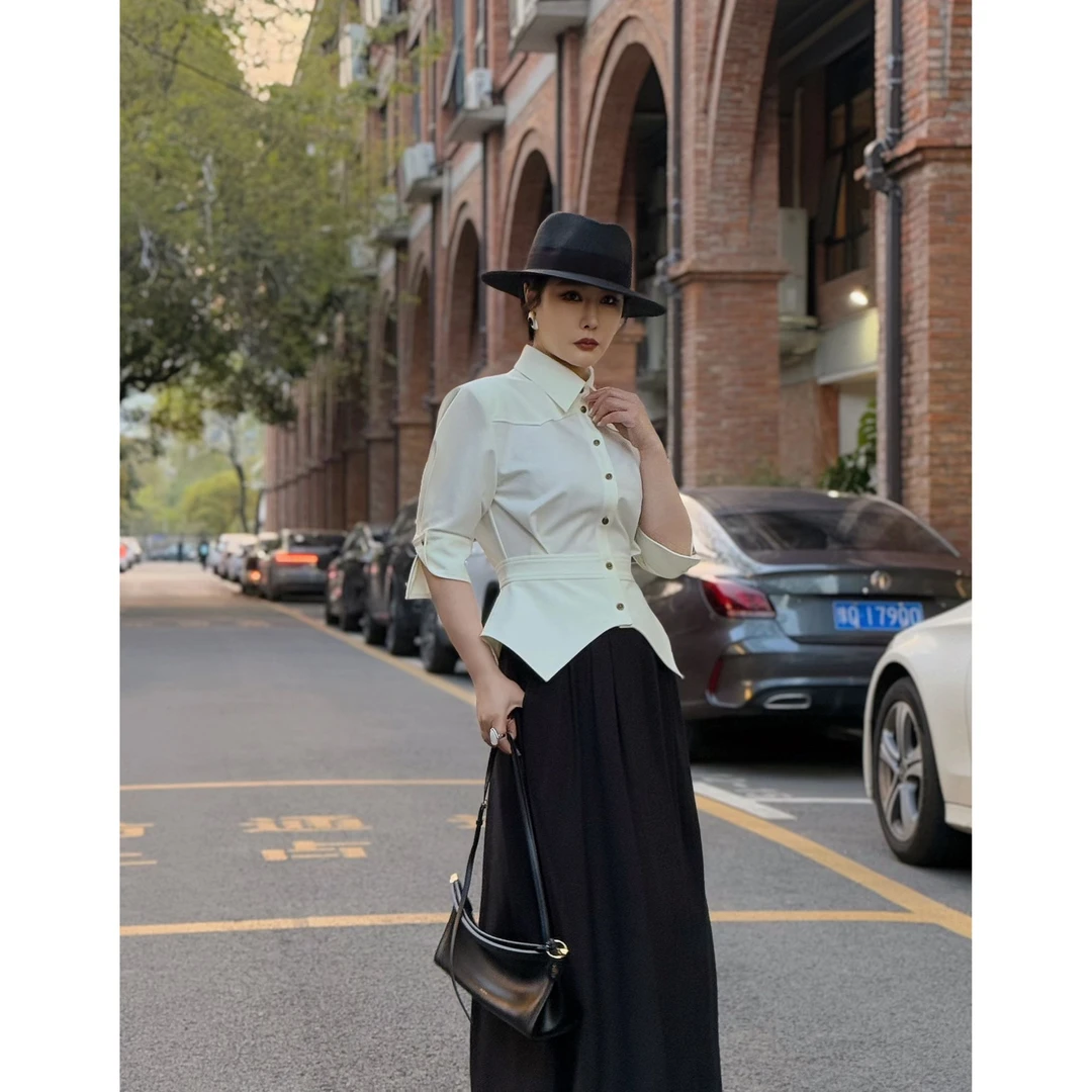 【绅士线条】刚柔并济巨显瘦角度设计感垫肩英伦老钱风短袖衬衫25夏