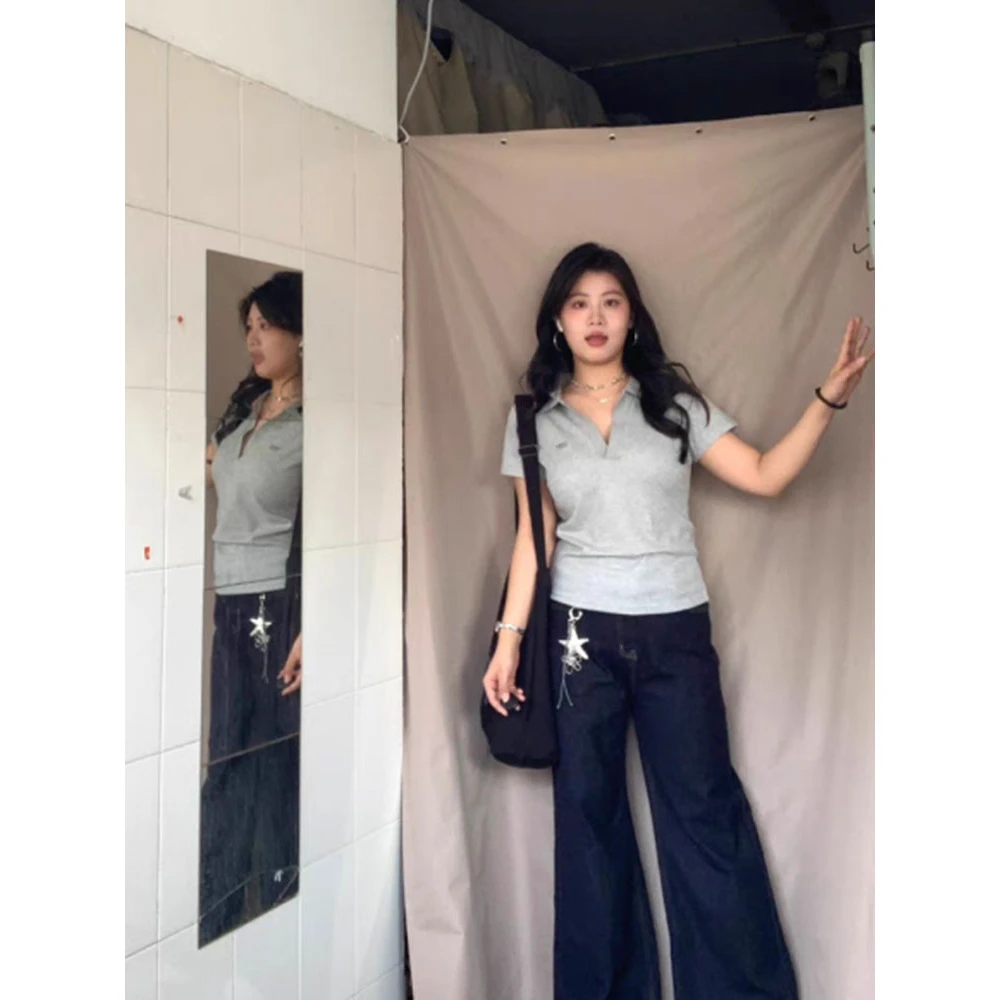 韩系简约纯色半开领短袖t恤女夏季慵懒感小众百搭修身polo领上衣