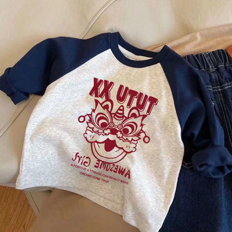 儿童插肩袖男女童装休闲卡通图案长袖宽松t恤打底衫宝宝上秋衣T潮