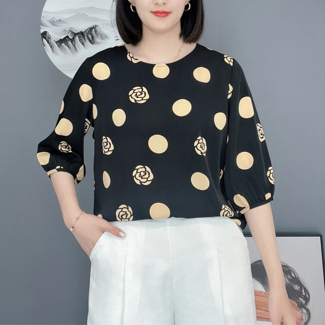 黑金玫瑰2025春季新款圆领半袖精品女士中老年上衣时尚百搭小衫