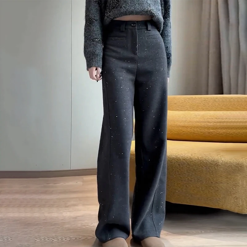 时髦感灰色亮片窄版显瘦加厚直筒裤女秋冬新款时尚高腰百搭拖地裤