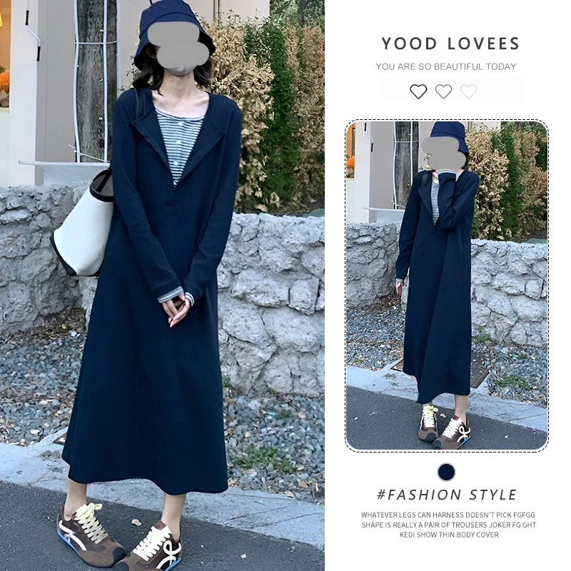 韩系辣妹假两件撞色条纹长袖连衣裙女2025春秋新款高级感慵懒裙子
