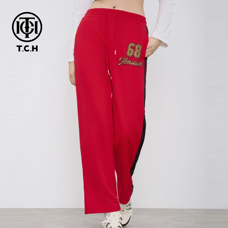 TCH轻奢烫钻工艺时尚休闲红色运动风侧开长裤T72A20E6011私服tch