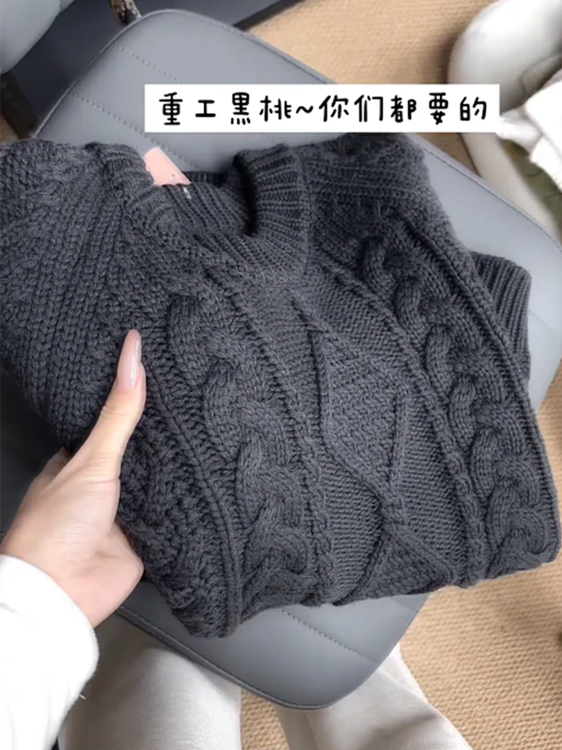 韩系麻花纹圆领针织衫女2025秋冬季新款黑色套头长袖宽松慵懒毛衣