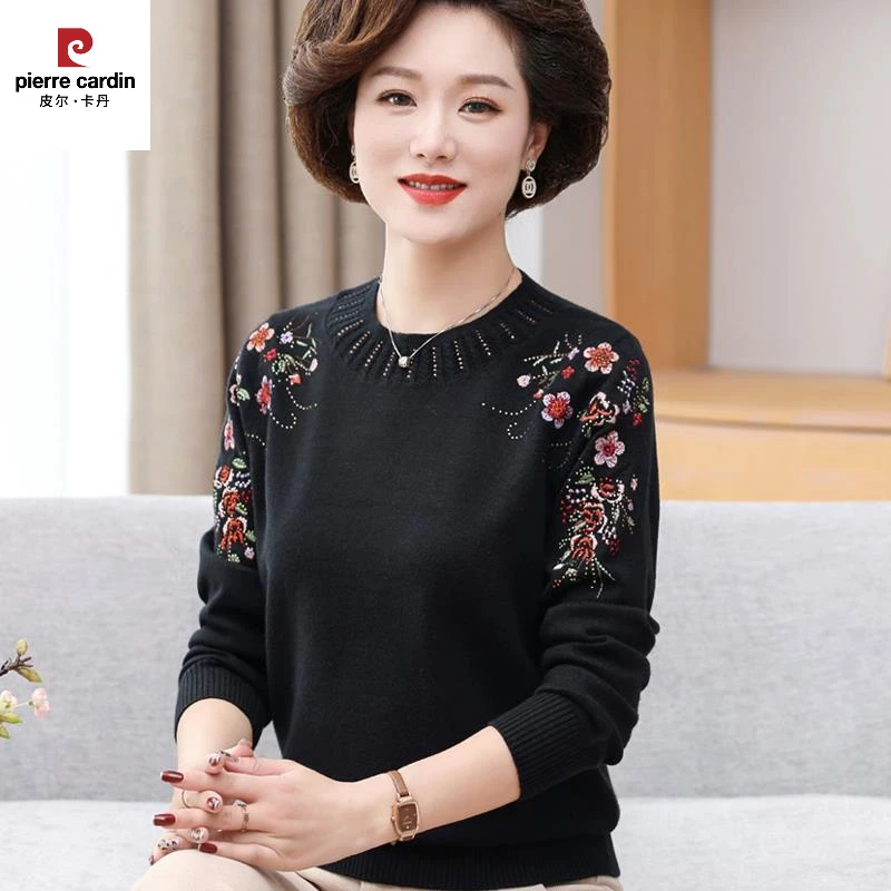 皮尔卡丹妈妈款春装羊毛衣中年女圆领内搭上衣服50岁60中老年人春