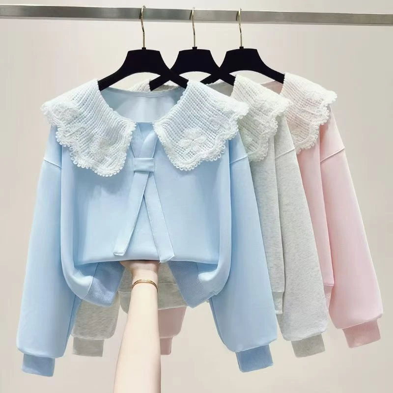 女童设计感百搭娃娃领新款学院风卫衣中大童女孩长袖春秋甜美上衣