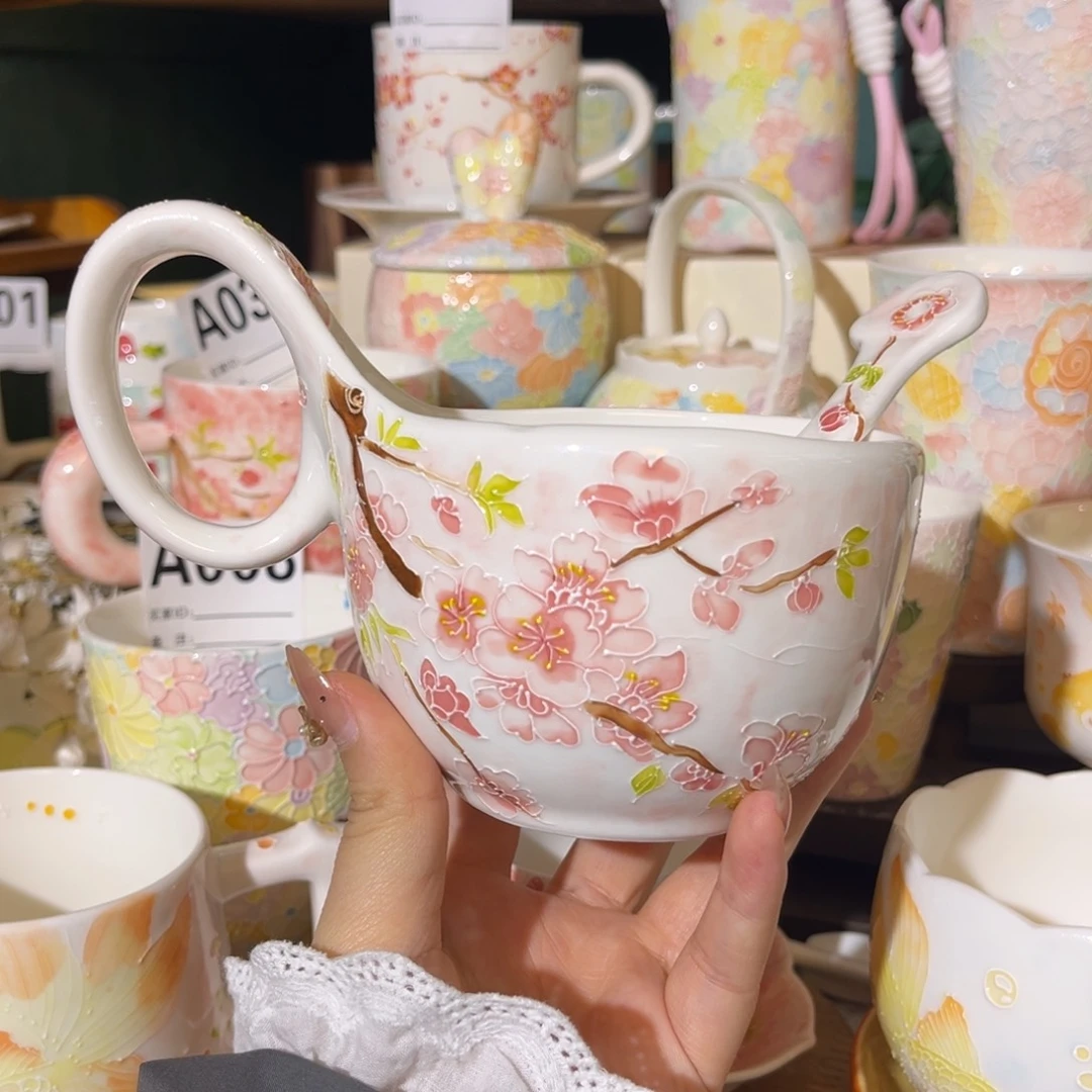 手柄款陶瓷桃花早餐碗