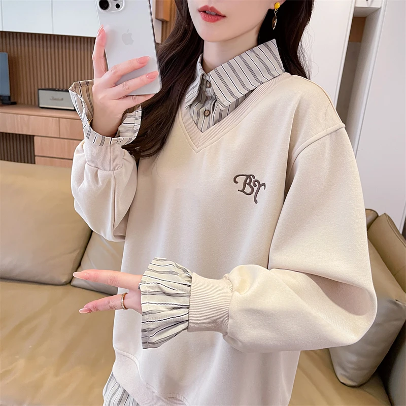 衬衫领卫衣女2025新款春秋韩版宽松薄款翻领polo衫假两件上衣外套