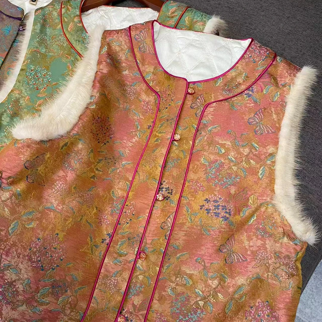 【花间影】（高品质真毛）宋·彩色织锦新中式幻彩棉马甲女 中国风保暖