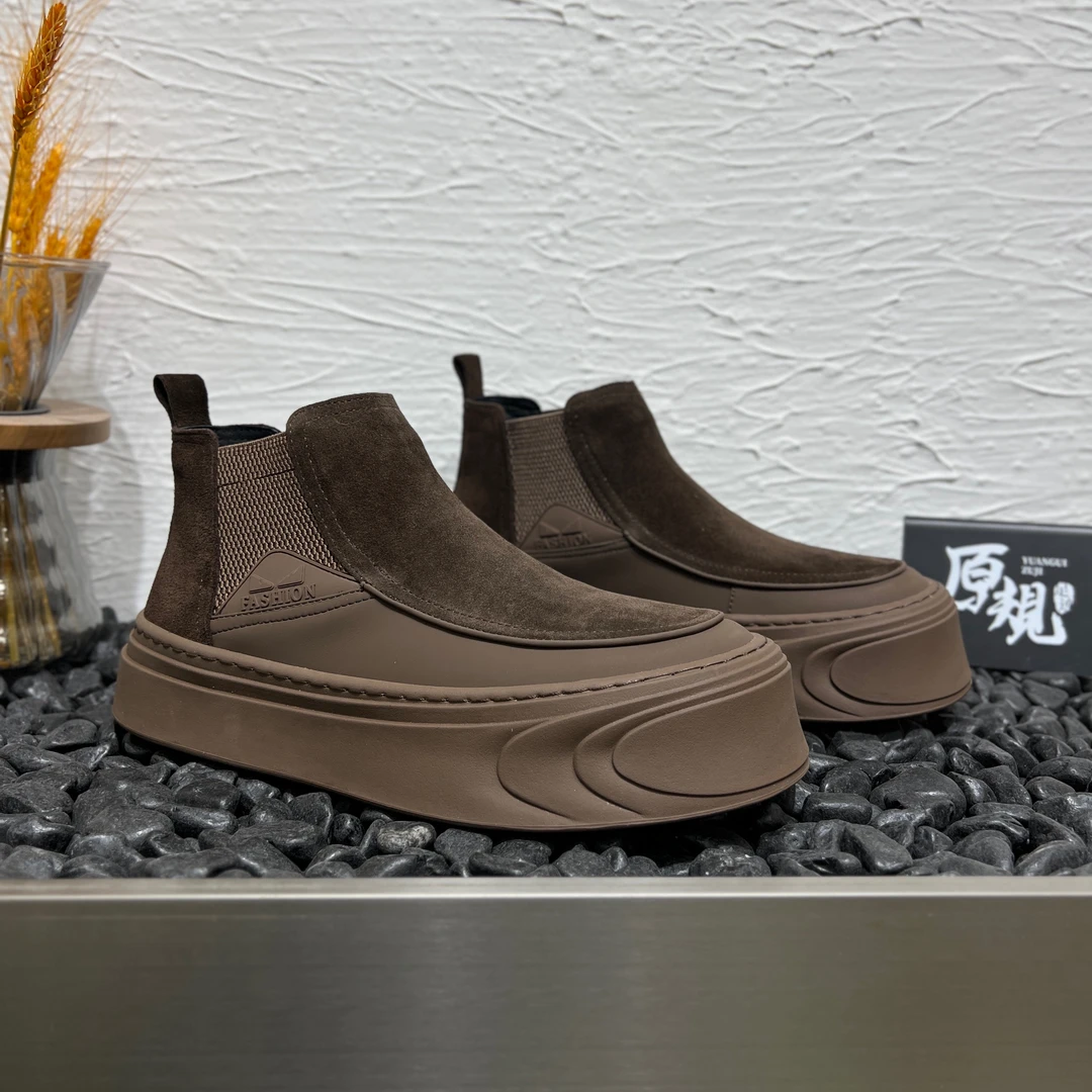 2025冬季时尚一脚蹬加绒男士休闲鞋男生厚底防滑复古切尔西靴子男