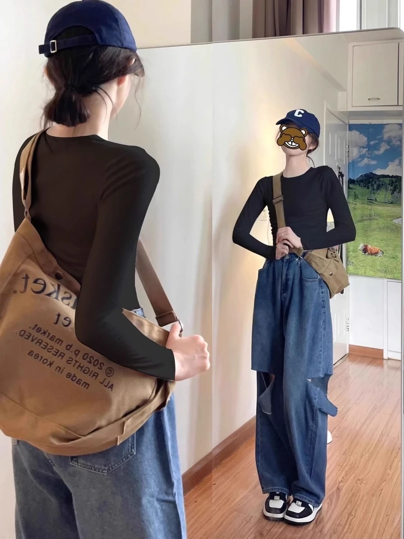 内搭打底衫女秋冬季新款圆领甜辣修身显瘦美式正肩长袖T恤女上衣