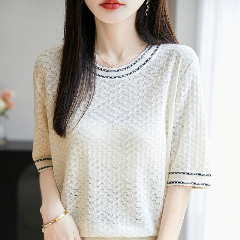 夏季简约针织T恤高端轻奢薄款洋气圆领短袖 春夏百搭时尚打底半袖