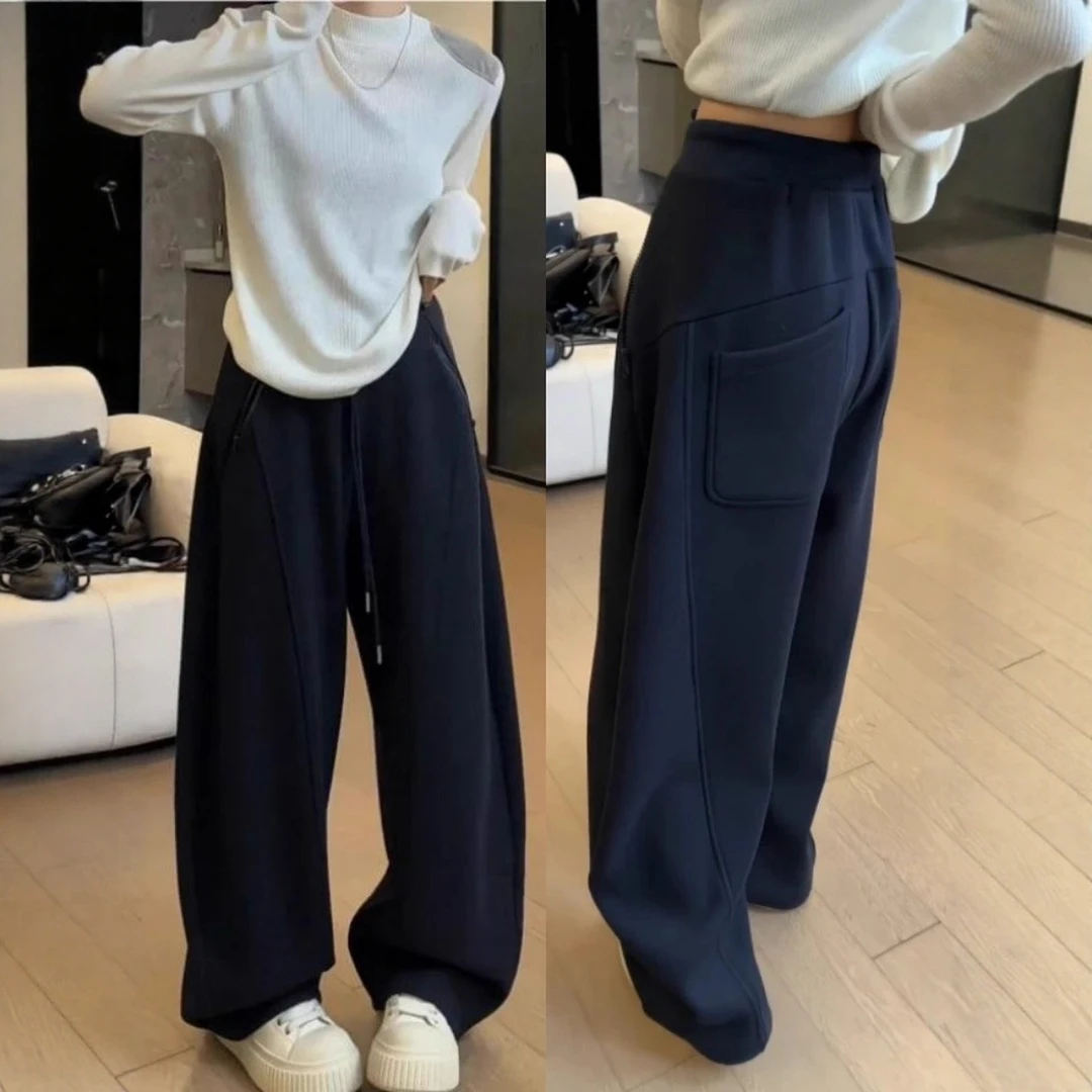 藏青色拉链弯刀休闲裤女2025秋冬新款大码卫裤梨形宽松显瘦阔腿裤