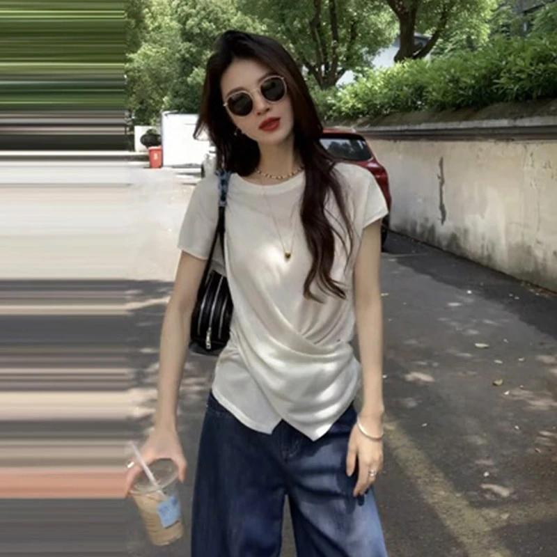 韩版交叉褶皱圆领针织衫2025夏季新款慵懒感纯色流行通勤简约上衣