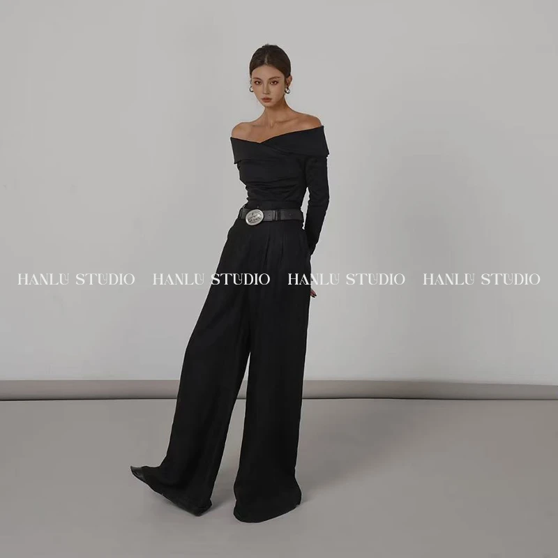 HanLu studio极简派重工烫银工艺一字肩上衣老钱风100亚麻高腰裤