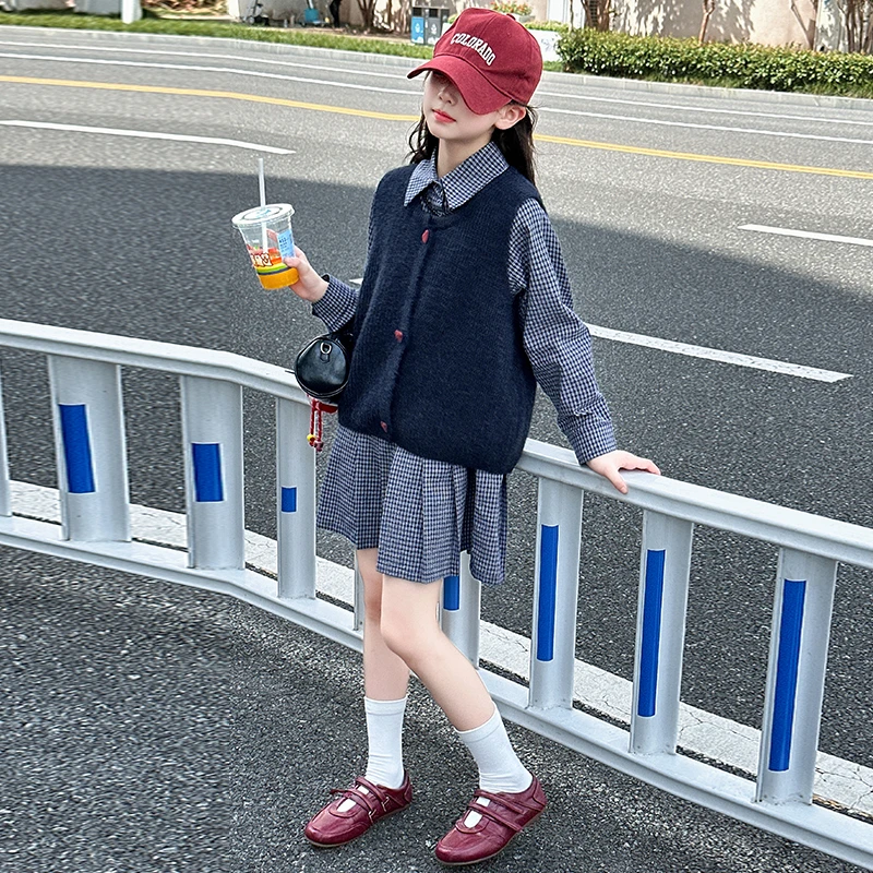 女童秋季格子连衣裙长袖洋气2025新款儿童秋装大童学院风裙子春秋