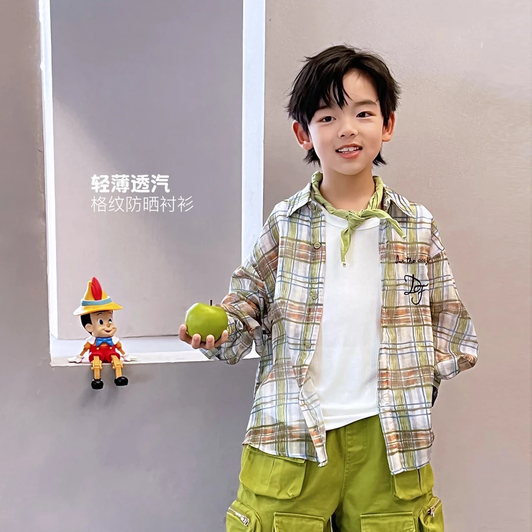 儿童薄款透气格子长袖衬衫夏季男童中大童复古外套 5059747O1