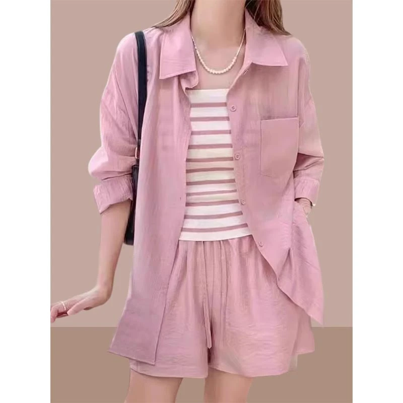 2025年夏季新款韩版小众三件套装长袖衬衫女防晒衣条纹吊带衫短裤