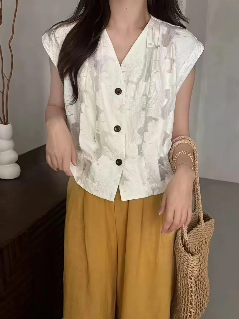 V领提花单排扣时髦无袖上衣852