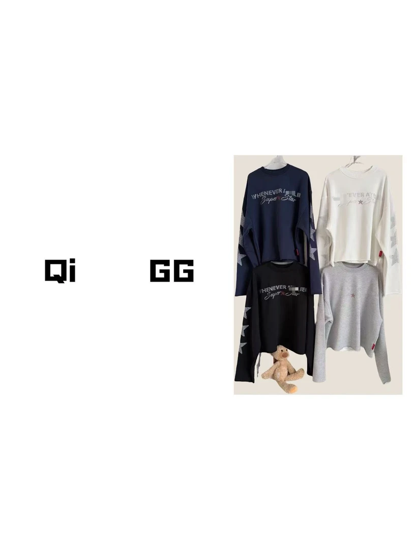 【Qi    GG】越南小众美式复古星星水钻宽松长袖上衣