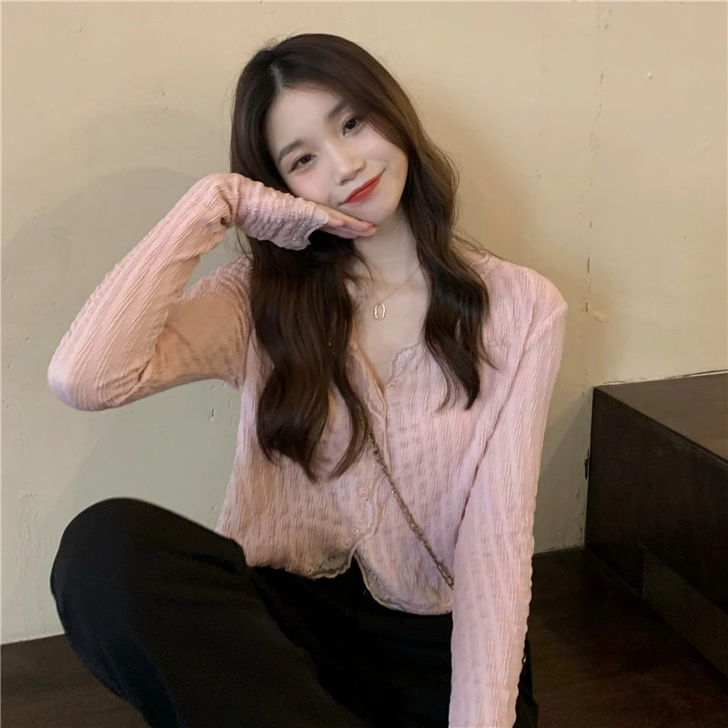 粉色v领蕾丝长袖衬衫女2025年新款春秋百搭短款别致法式甜美上衣