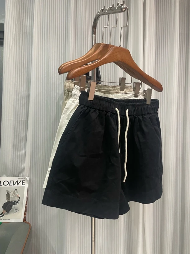 欧洲站2025春夏新款欧货简约纯色全棉舒适松紧腰宽松女士休闲短裤