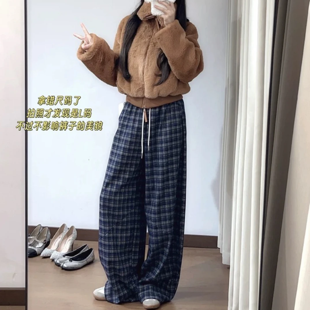 美式复古双腰头慵懒磨毛格子设计弯刀裤女宽松高腰女显瘦