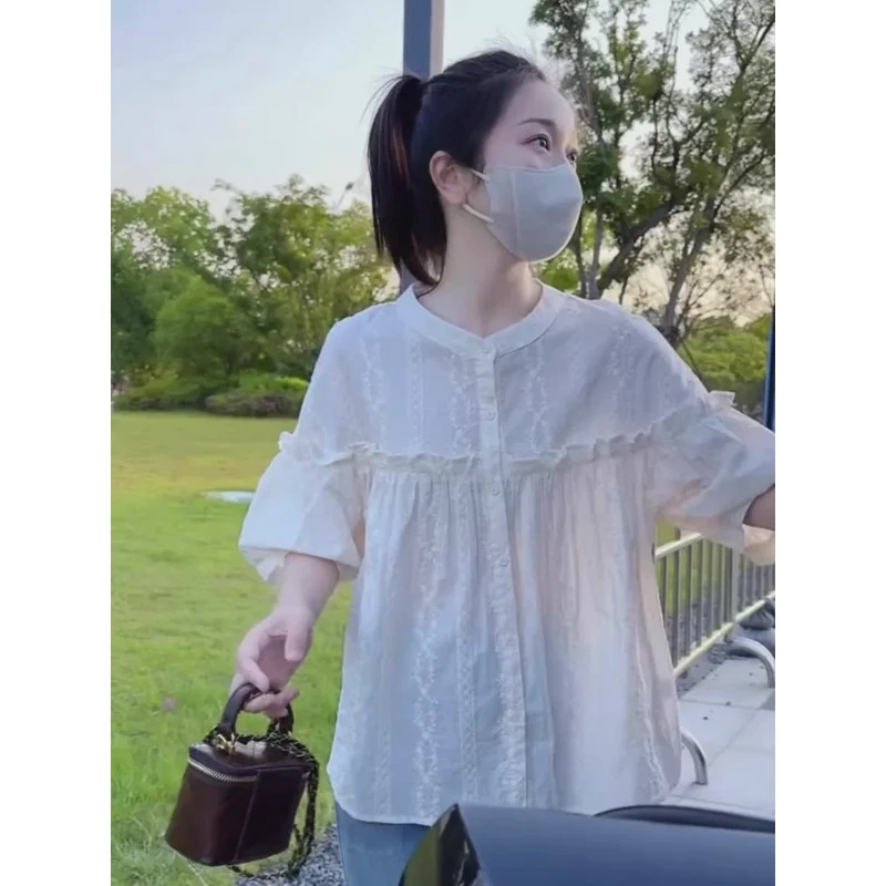 宽松百搭显瘦减龄立领上衣别致娃娃衫衬衫今年流行遮肚子小衫洋气