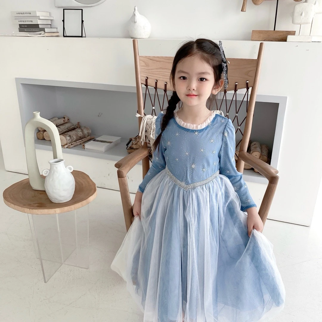 蓝色艾莎连衣裙露背韩版女宝女童童装秋季裙子纱裙小女孩